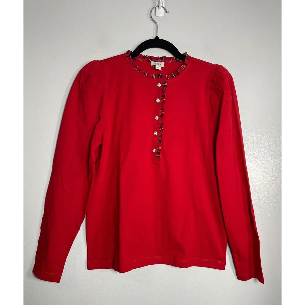 J.CREW Long-sleeve Tartan‎ and Jewels Henley Shirt Small Red NEW Festive CO282